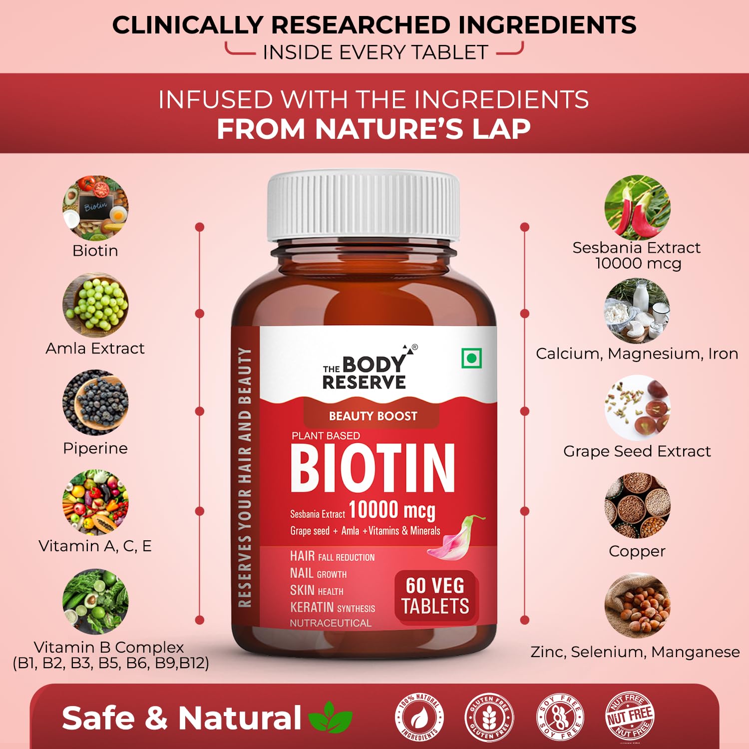 The Body Reserve Plant-Based Biotin Tablets - 60 Veg Tablets, Biotin from Sesbania Extract with Amla & Grapeseed - Supports Hair, Skin, and Nails - For Men & Women
