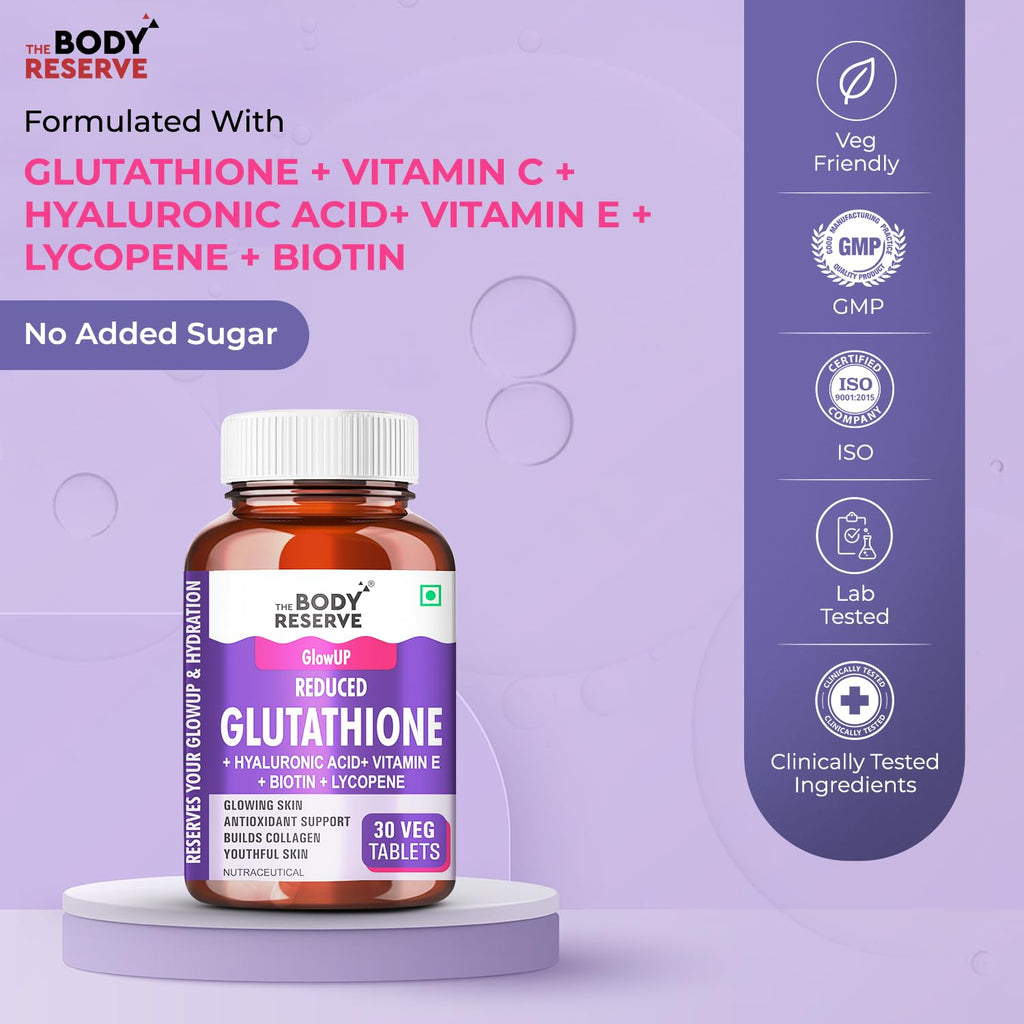 The Body Reserve Japanese L-Glutathione Tablets for Skin Whitening | 500mg Glutathione Supplements with Hyaluronic Acid, Vitamin E, Lycopene & Biotin | Skin Glow & Collagen Support | Sugar-Free, 30 Tablets