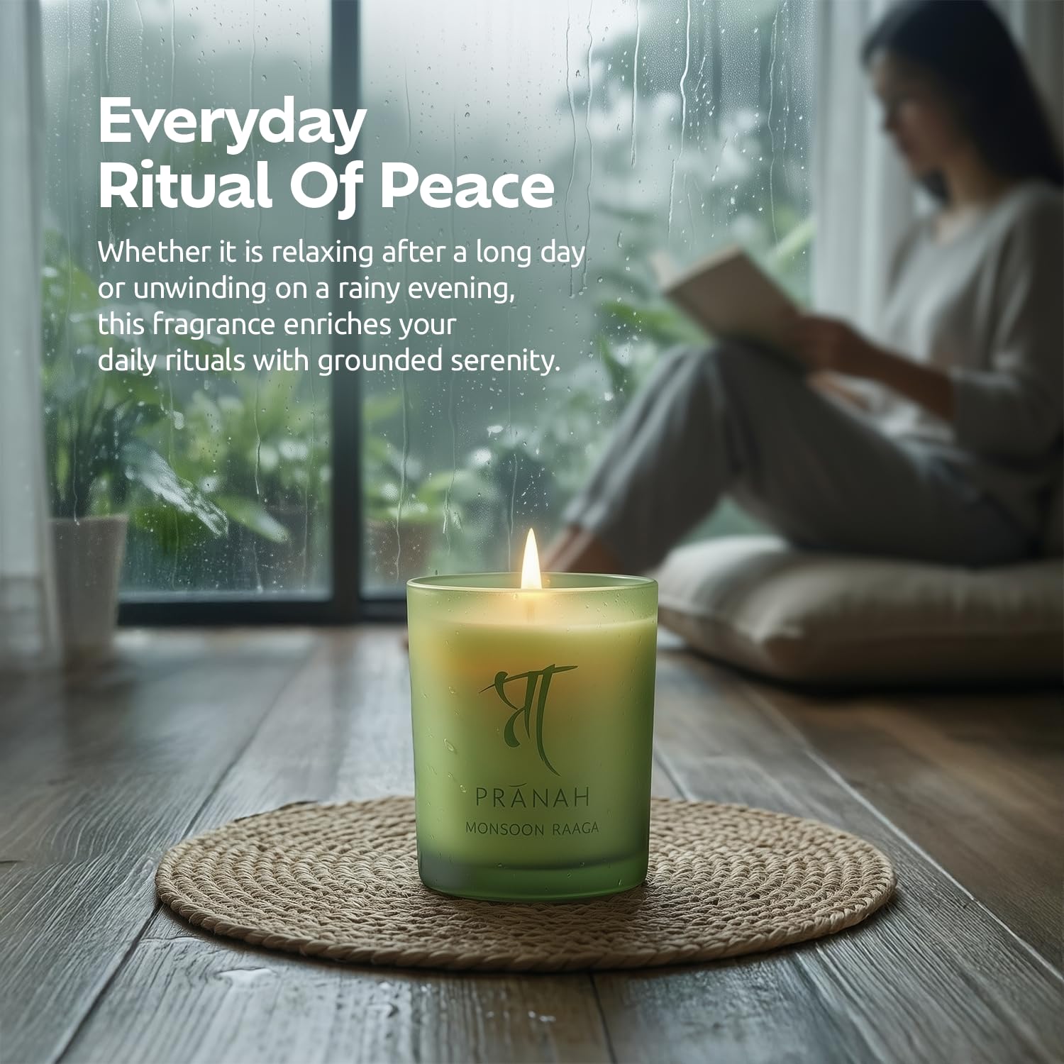 Pranah Monsoon Raaga Aromatherapy Scented Candle | 128g, 28 Hours Burn | Wet Earth & Woody White Floral Notes | Musky Patchouli Oil | Soy Wax, Vegan | Earthy & Sweet Calm