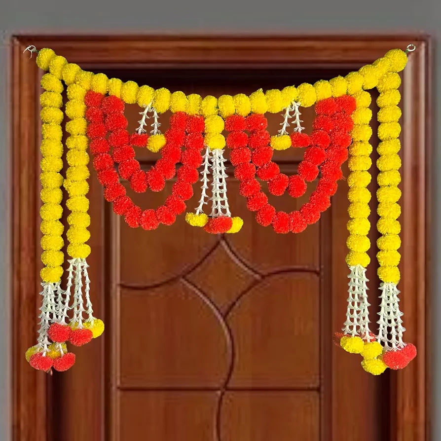 Handcrafted Decorative Bandanwar with Yellow & Red Marigold Flowers and Tuberose Strings 40x32 Inches