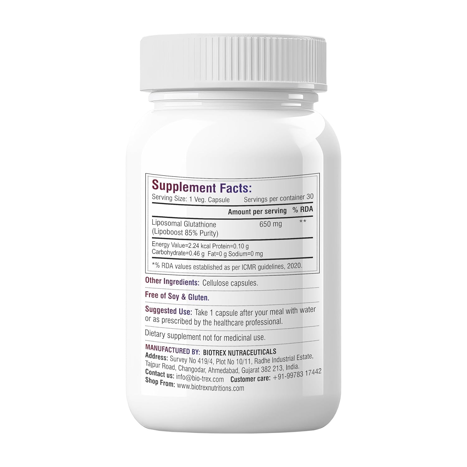 Biotrex Nutraceuticals Liposomal Glutathione 85% Lipoboost High Purity Form, Supports Healthy Skin Health - 30 Veg Capsules