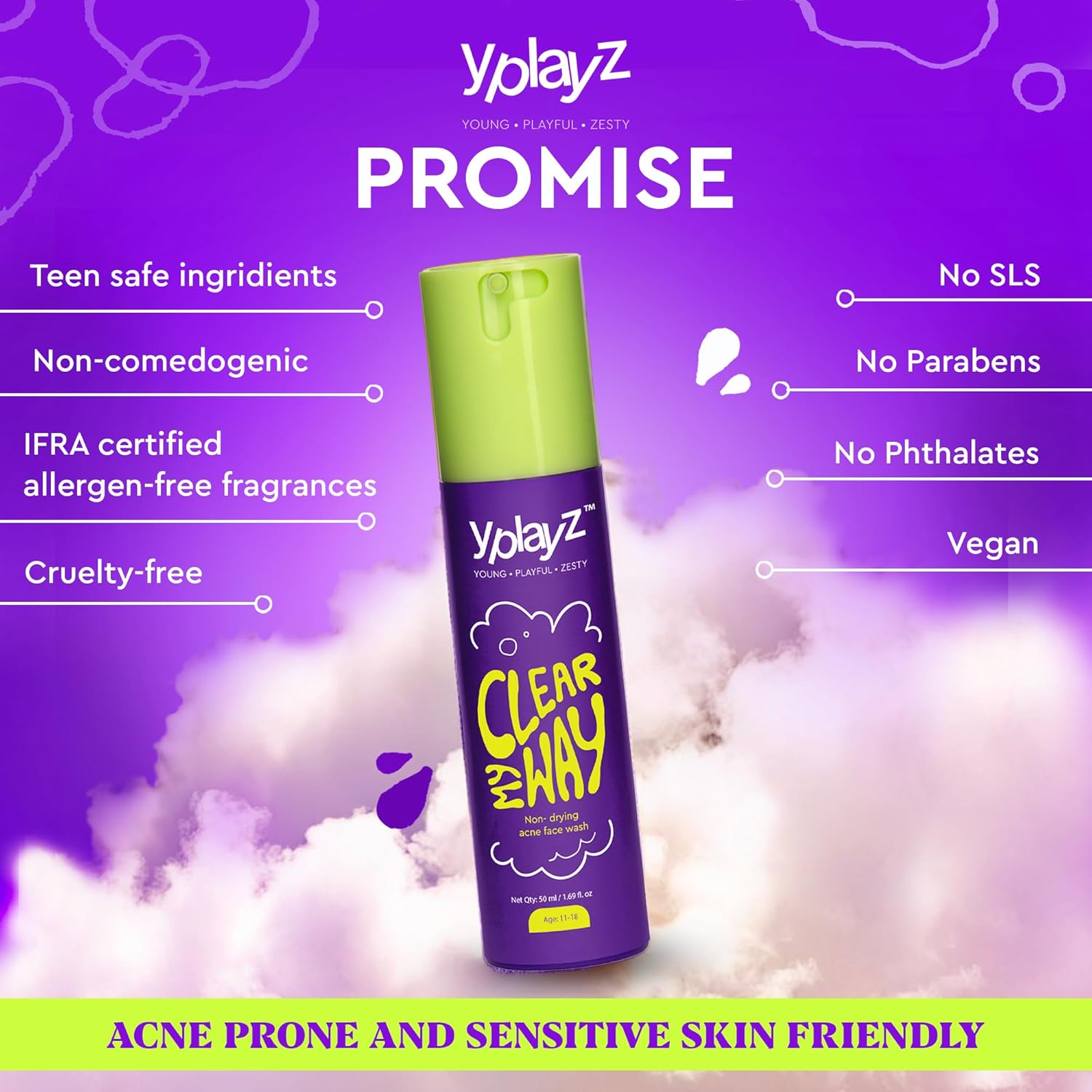 YPlayZ Clear My Way Acne Face Wash for Tweens & Teens - Ages 11-18 - 50 Ml