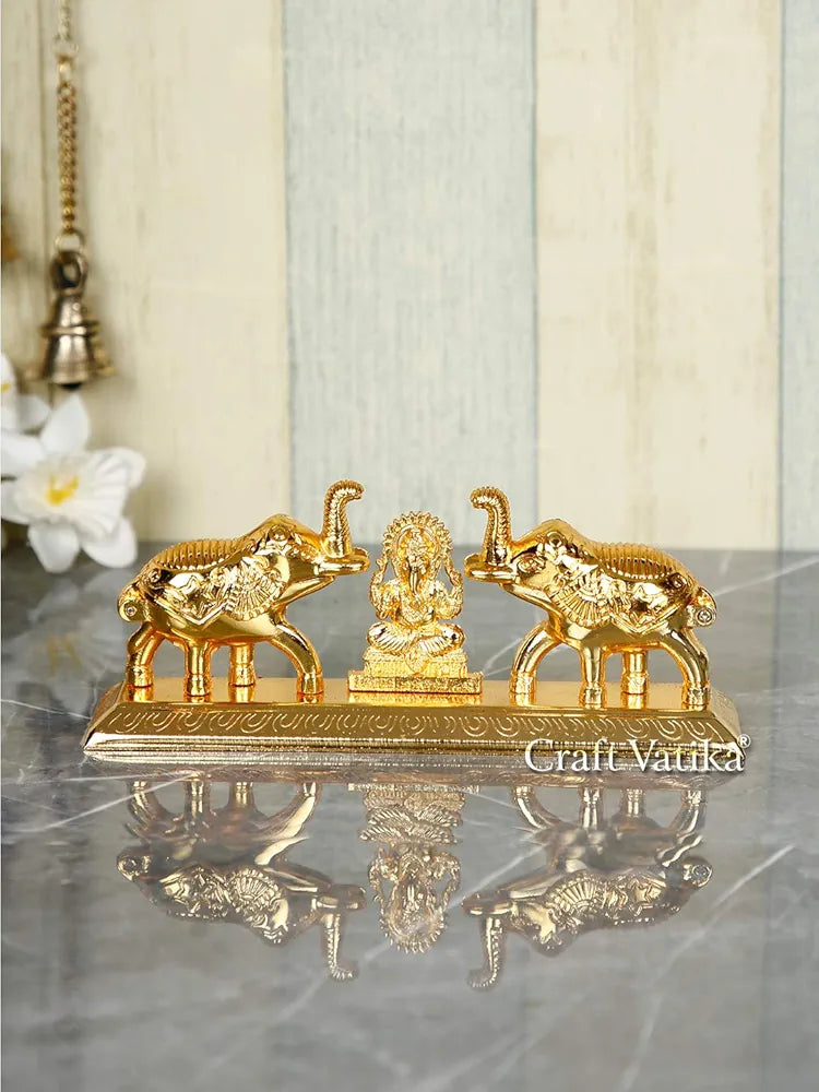 Metal Chandan Roli Kumkum Chawal Box With Ganesha Double Sindoor Dani In ElephantGolden Finish