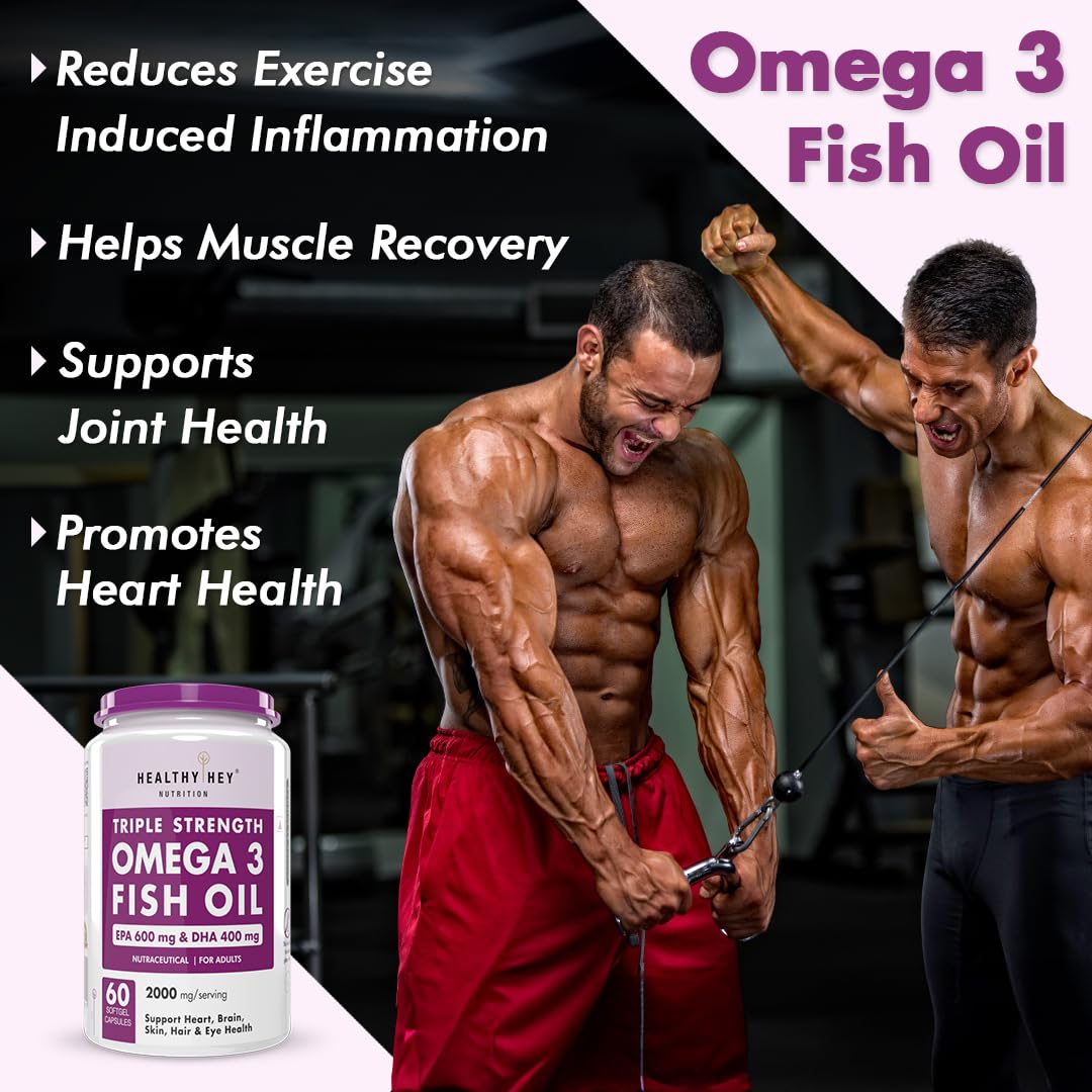 HealthyHey Nutrition Fish Oil Omega 3 For Women and Men | Triple Strength Fish Oil | Burpless, EPA 600 - DHA 400 Supplement , 60 Softgel