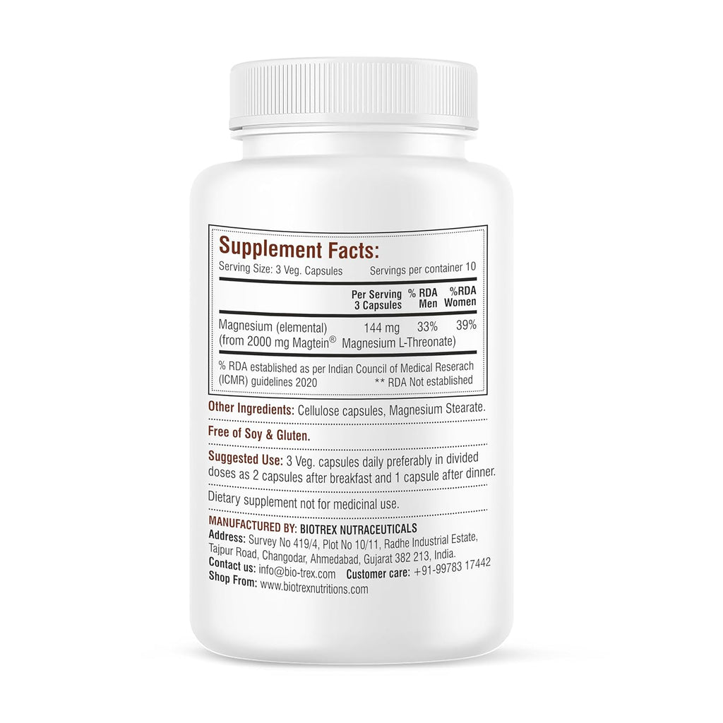 Biotrex Nutraceuticals Magtein Magnesium L Threonate Supplement â€“ Supports Cognitive Function, Memory & Sleep â€“ Magnesium L-Threonate for Brain Health â€“ 90 Veg Capsules â€“ Highly Bioavailable Formula