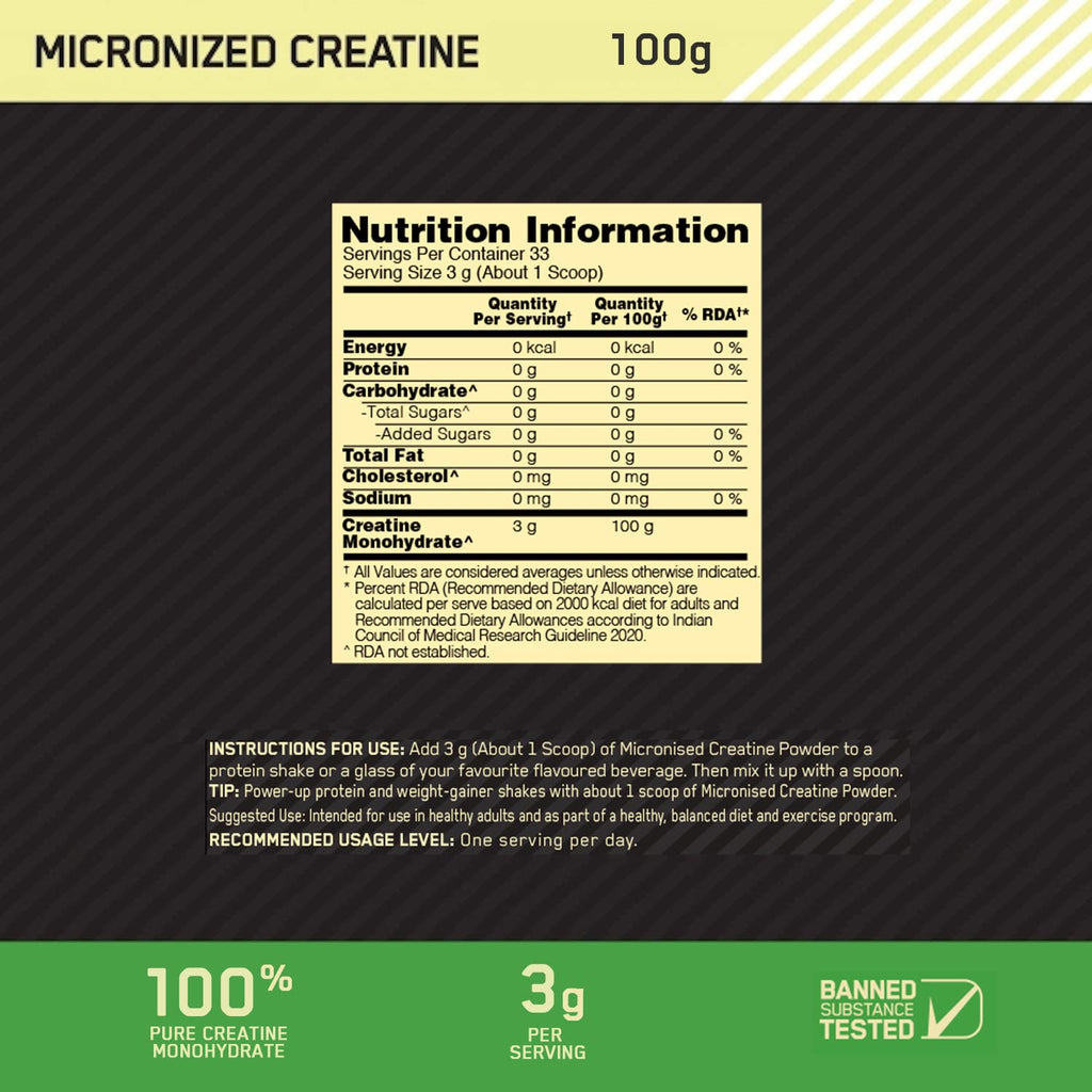 Optimum Nutrition (ON) Micronized Creatine Powder - 100 Gram, 33 Serves, 3g of 100% Creatine Monohydrate per serve, Supports Athletic Performance & Power, Unflavored.