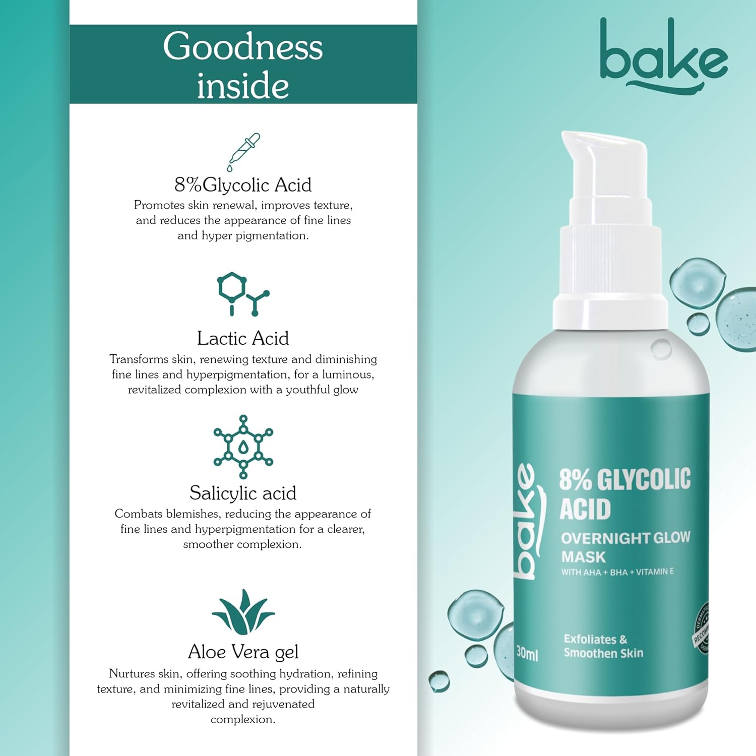BAKE 8% Glycolic Acid Serum with AHA BHA & Lactic Acid | Improve Uneven Skin Tone, Pigmentation Solution, Unclogs Pores, Reduces Blackheads | Overnight Peeling Serum | For Women & Men | 30ml