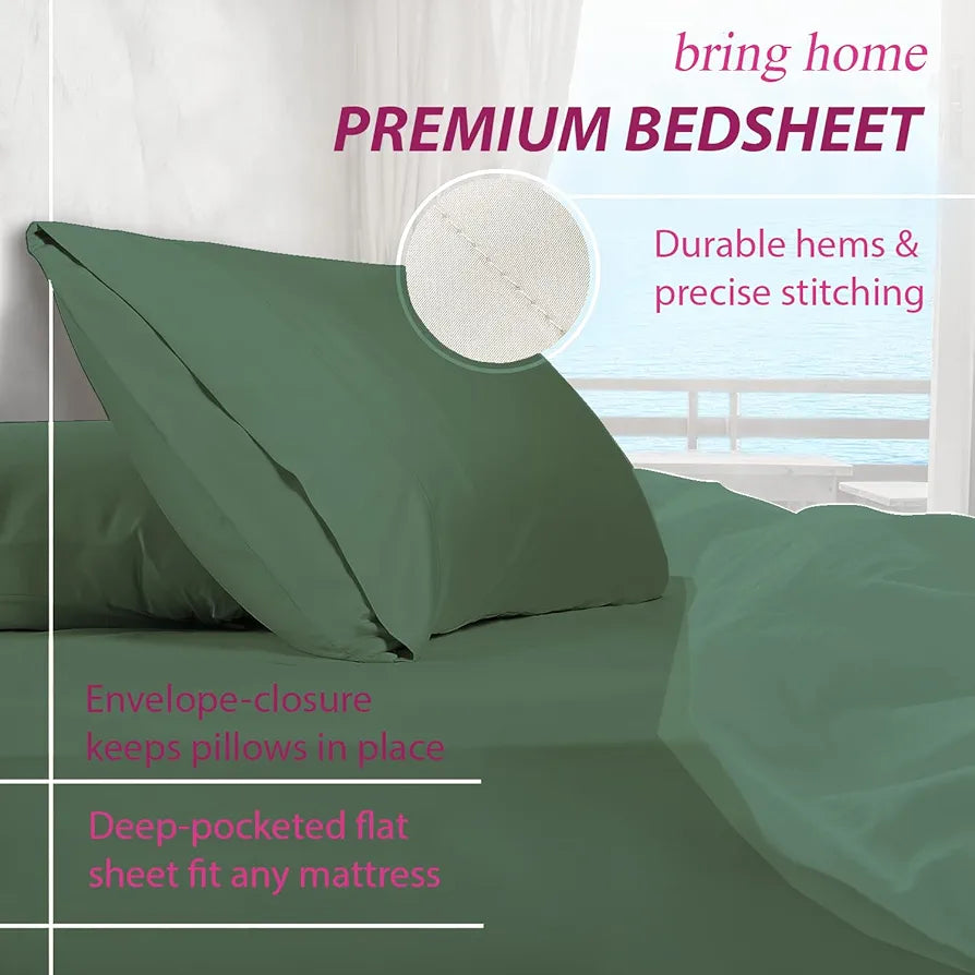 Trance Home Linen Premium 300 TC Pure 100% Cotton Single Size Solid Fitted Bedsheet with 1 Pillow Cover Colour Aqua Green