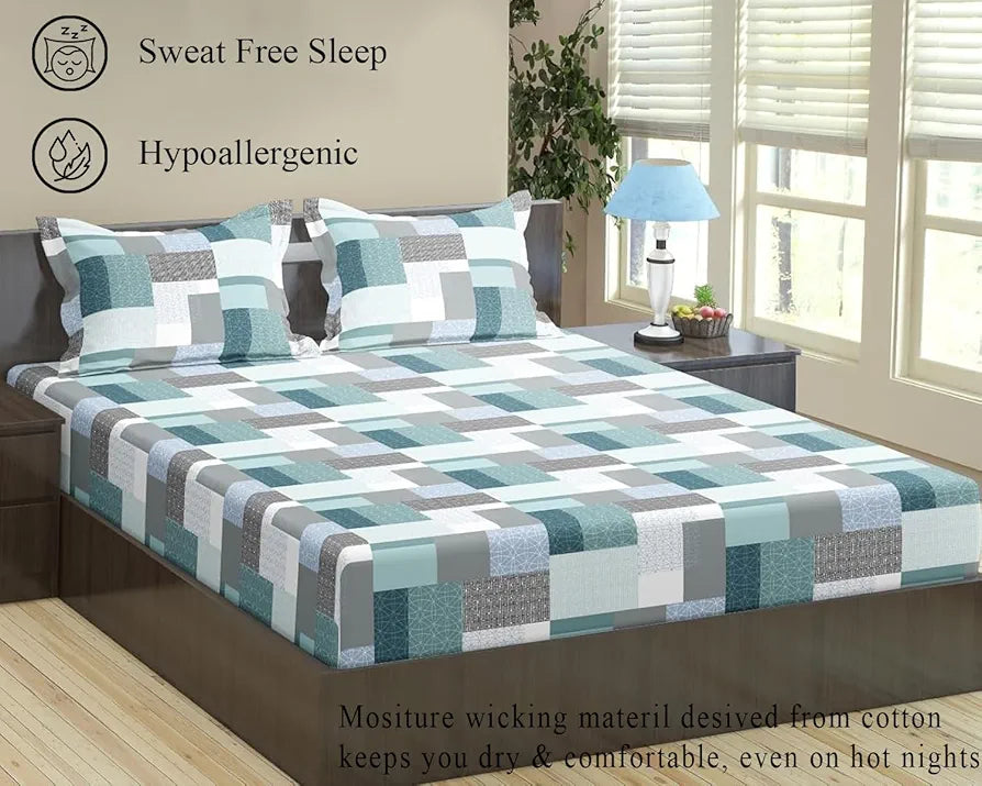 Trance Home Linen 100% Cotton 144TC Elastic Fitted Bedsheet Printed Single Bed Size with 1 Pillow Cover Colour Abstract Green