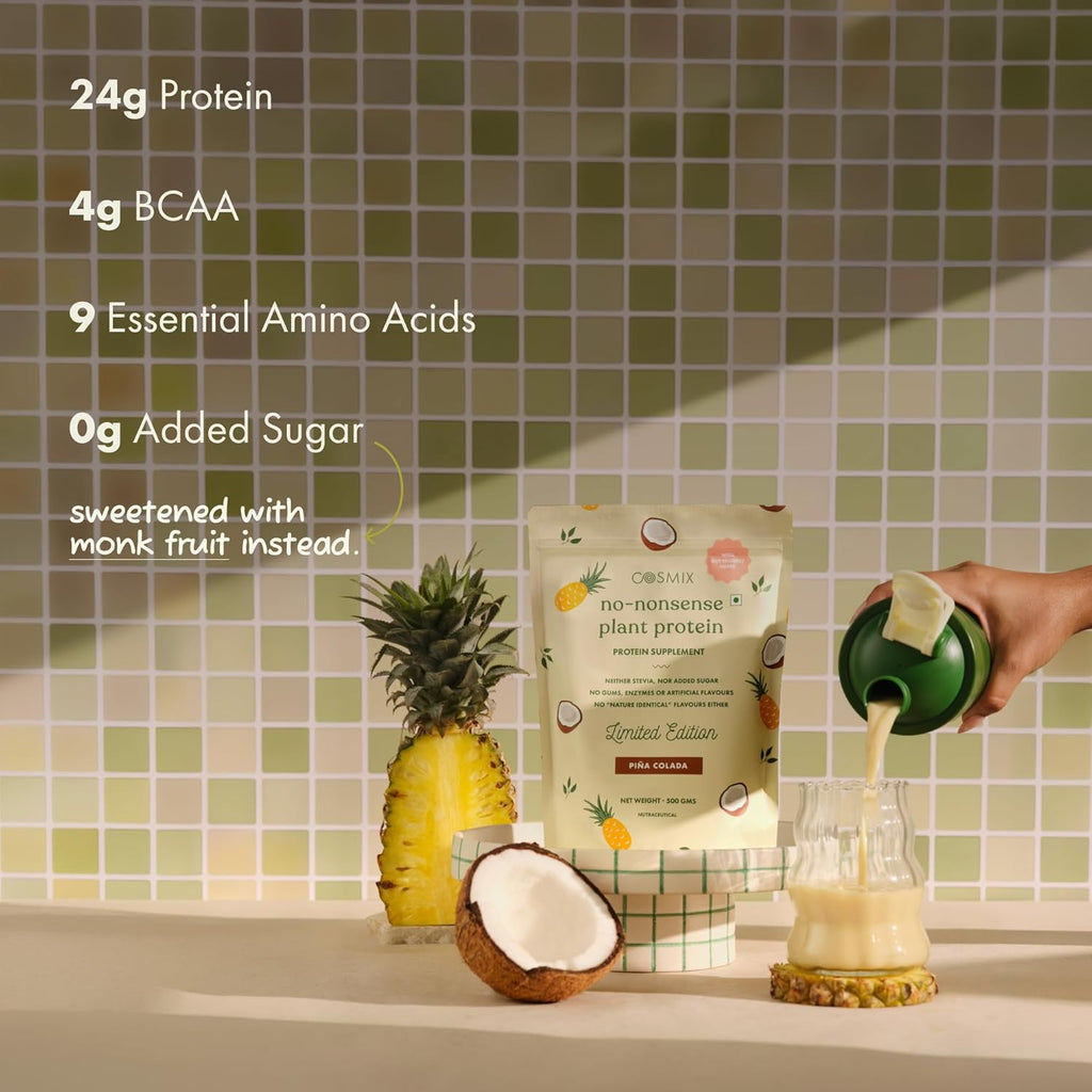 Cosmix No-Nonsense Plant Protein | 23 Protein/Serve, 1Kg Pouch | Pina Colada | Plant Based Protein, Pea & Rice Isolate | Clean, Easy to Digest | All Essential Amino Acids