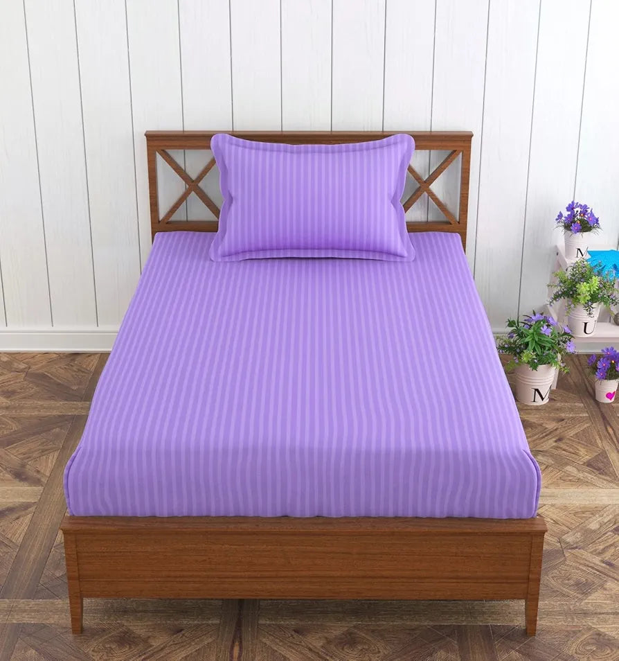 Trance Home Linen 100% Cotton 78x36 inch Single Fitted 200TC Satin Stripe Elastic Fitted Bedsheet Bedspread with 1 Pillow Covers Colour Lilac Purple