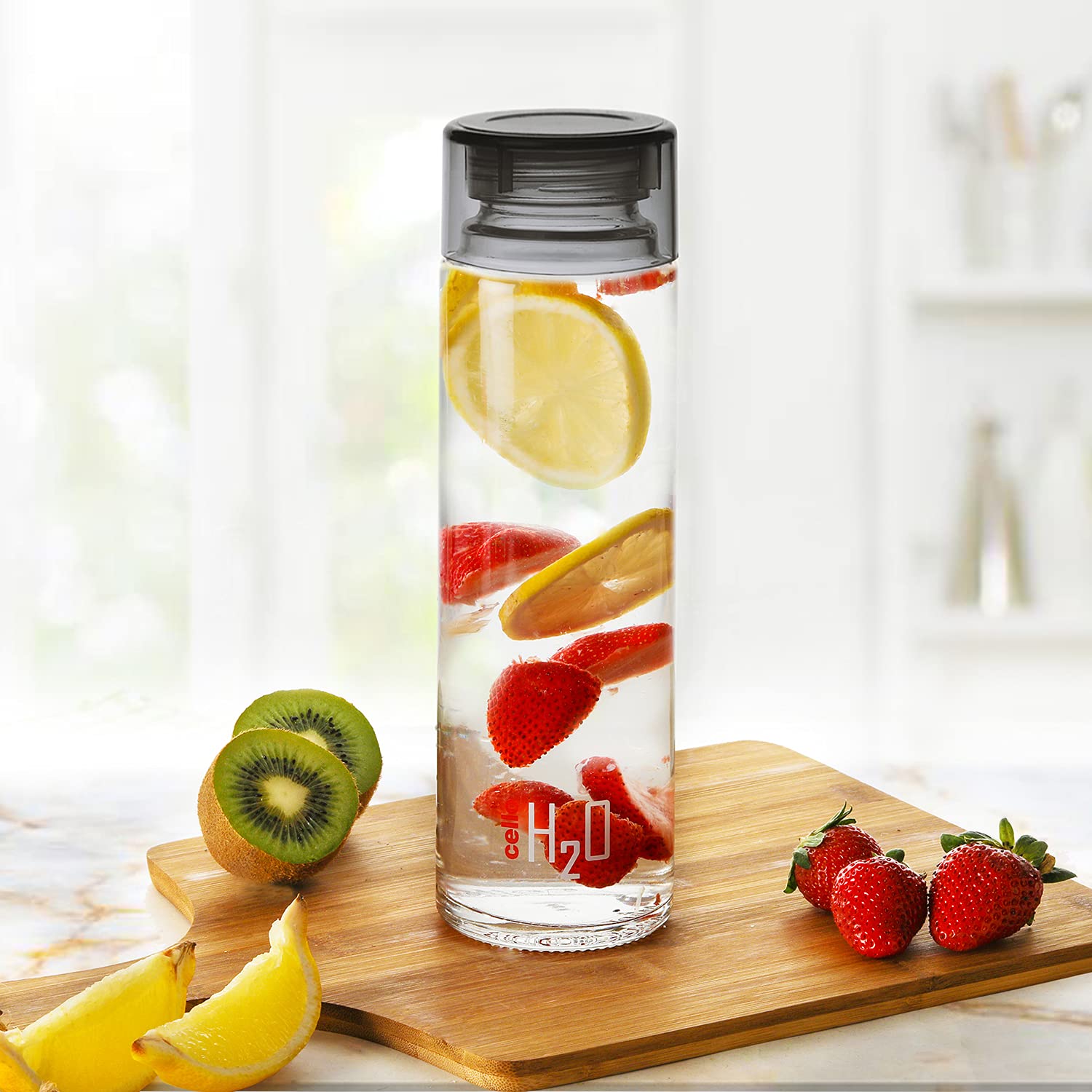 Cello H2O Glass Fridge Water Bottle with Plastic Cap | 920 ml | Set of 3 | Black