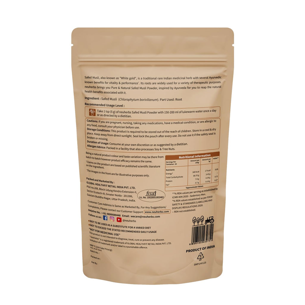 Neuherbs Safed Musli Root Powder - 100 GM | Ayurvedic Support for Vitality & Performance | Herbal Supplement | Support Strength & Stamina Booster