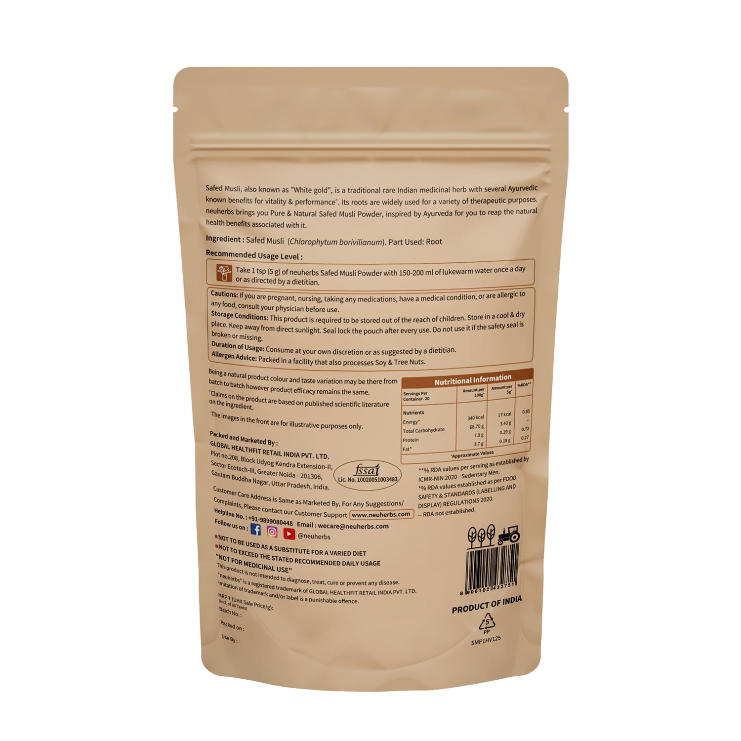 Neuherbs Safed Musli Root Powder - 100 GM | Ayurvedic Support for Vitality & Performance | Herbal Supplement | Support Strength & Stamina Booster