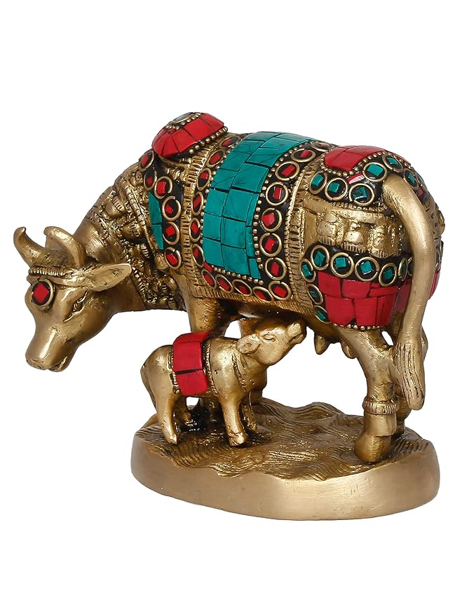 Ecraftindia Golden Stone Work Handcrafted Brass Cow and Calf Statue | Cow Statue With Calf Animal Figurine Decorative Showpiece