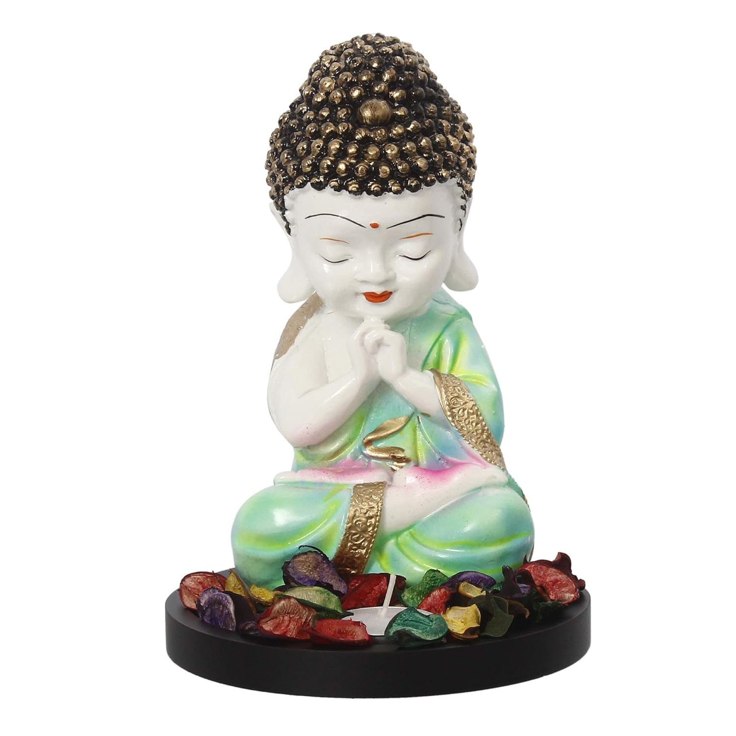 Ecraftindia Green and White Polyresin Praying Little Monk Buddha Statue With Wooden Base | Fragranced Petals Tealight Candle Holder