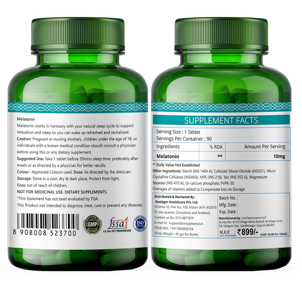 Simply Herbal Melatonin 10mg Sleeping Tablet, Non-Habit Forming, Deep Sleep Supplement, Helps Stress & Anxiety Relief, Support Jet Lag Strain for Men Women Adults, Healthy Sleep Cycle (60 Tablets)