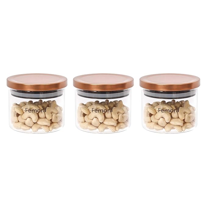 Femora Borosilicate Glass Jar With Golden Metallic Lid | Jars for Kitchen Storage | 300 Ml | Set of 2
