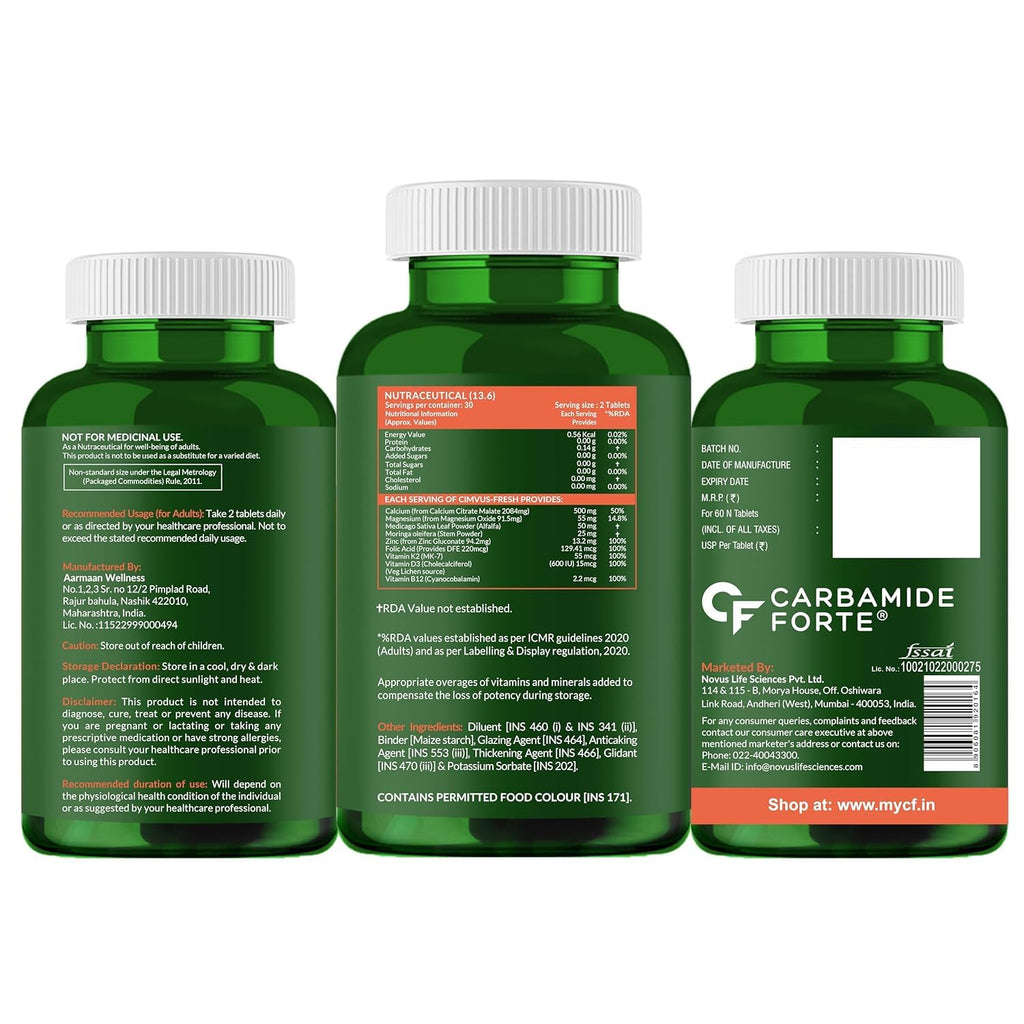 Carbamide Forte Calcium And Vitamin D3 Tablets | Calcium Tablets For Women & Men | Calcium Magnesium Zinc Supplemen With Vitamin D3 + K2 MK7 To Support Bones, Joints & Immunity - 60 Tablets
