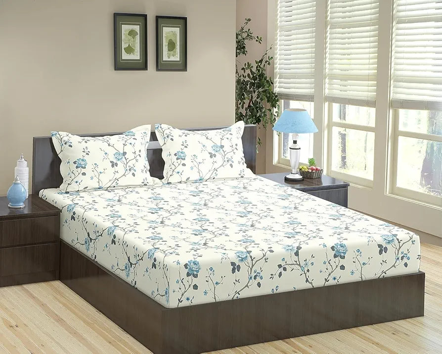 Trance Home Linen 180TC 100% Cotton 78"x60" Standard Queen Size Elastic Fitted Bedsheet Printed Queen Bed Size with 2 Pillow Covers Aster Blue