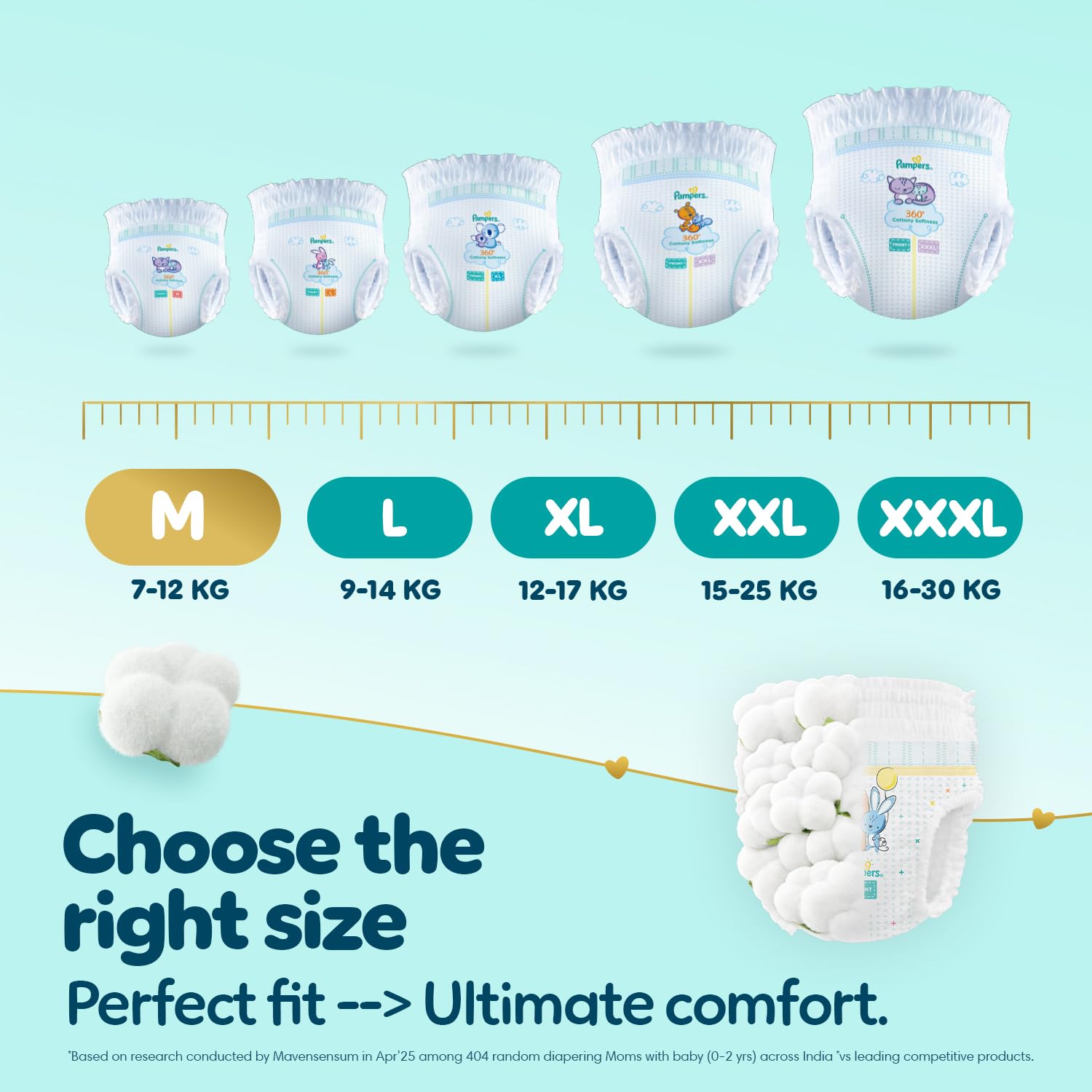 Pampers Premium Care Pant Style Baby Diapers M 54 Count | No Marks Design | Voted World #1 Softest Diaper | All in 1 diaper with 360 Cottony Softness