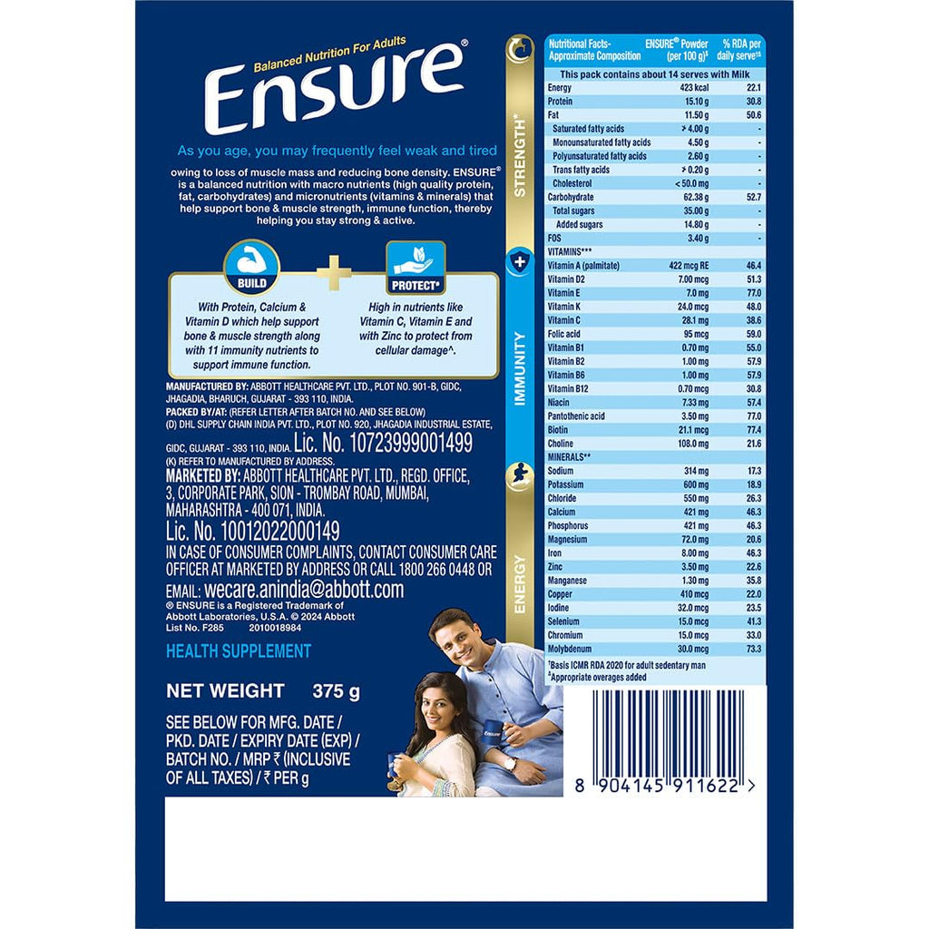 Ensure No 1 Nutritional Supplement Drink in the world 32 nutrients High Protein,Calcium,Vit D, Vanilla 400g/375g, Wt may vary