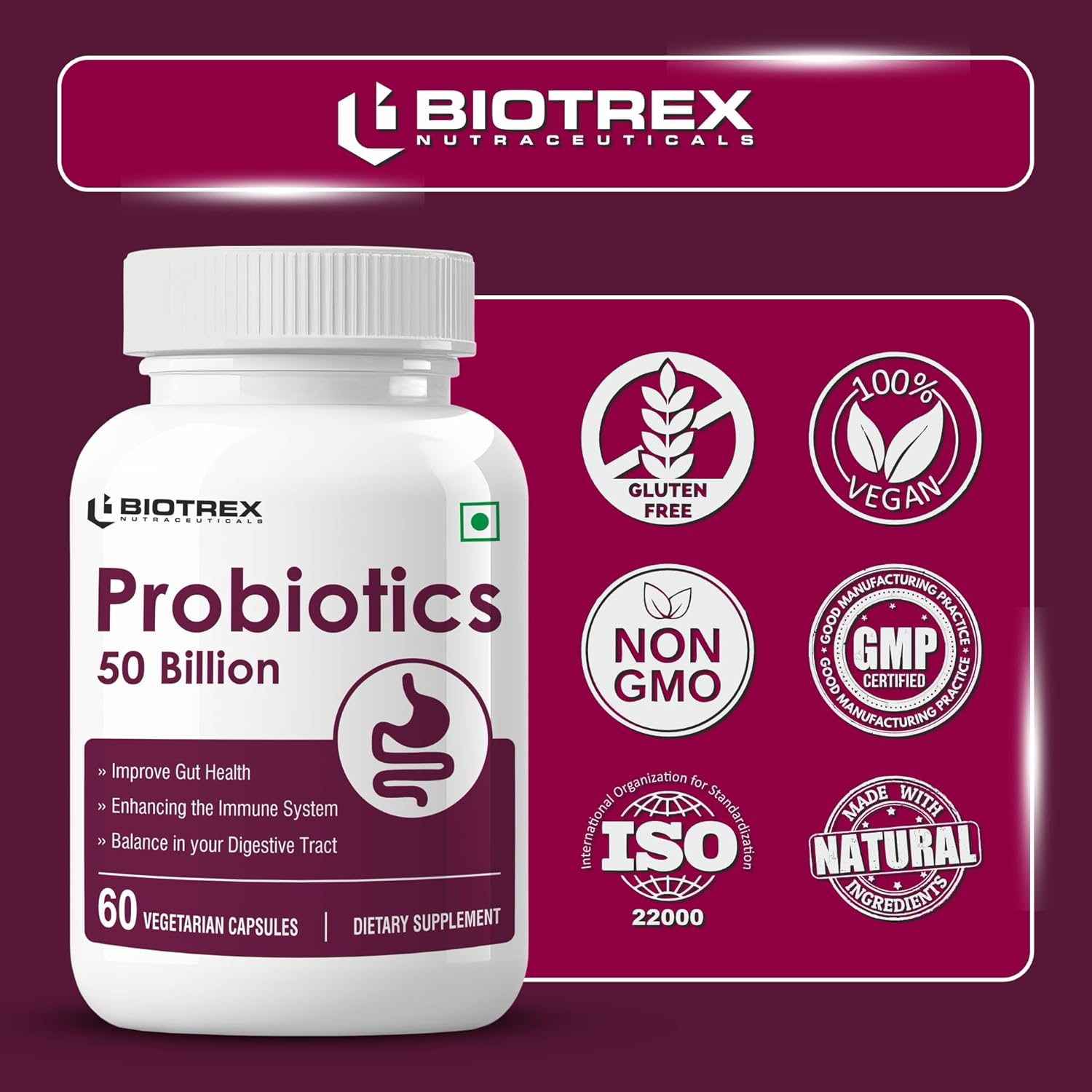 Biotrex Nutraceuticals Probiotics 50 Billion With 150mg Prebiotics Supplement For Gut Health - 60 Capsules