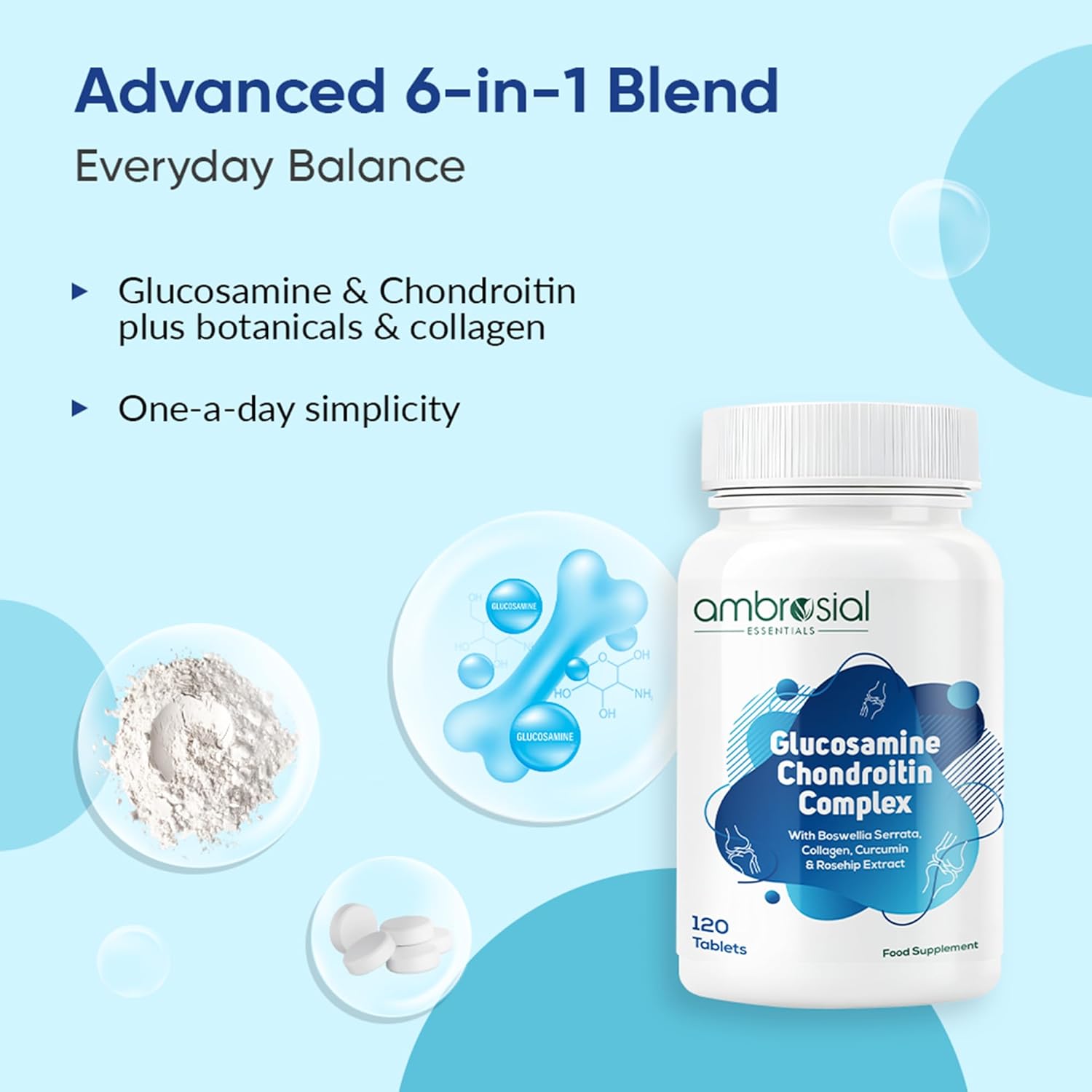 Ambrosial Glucosamine Chondroitin Joint Care Supplement with Curcumin, Collagen, Boswellia & Rosehip Extracts | High Strength Glucosamine Chondroitin for High Mobility & Flexibility | 120 Tablets