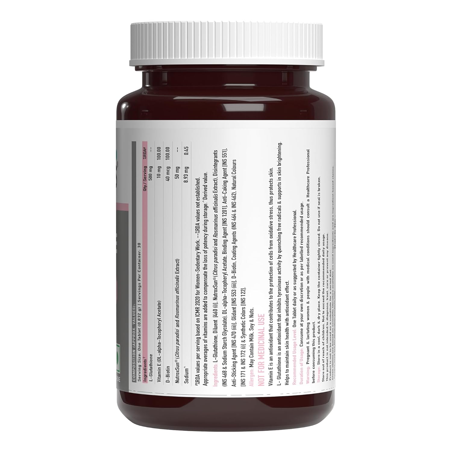 TrueBasics Glutathione (30 Tablets) | With Nutroxsun, Biotin & Vitamin E | For Healthy & Youthful Skin