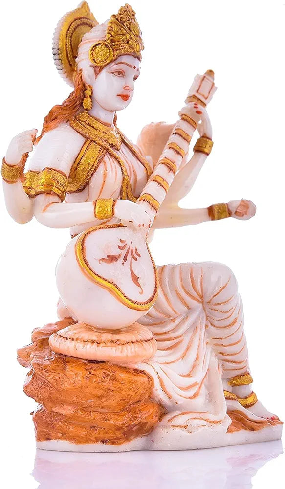 Sevliya Traders Marble Dust Saraswati Idol for Home Puja - 6 Inch