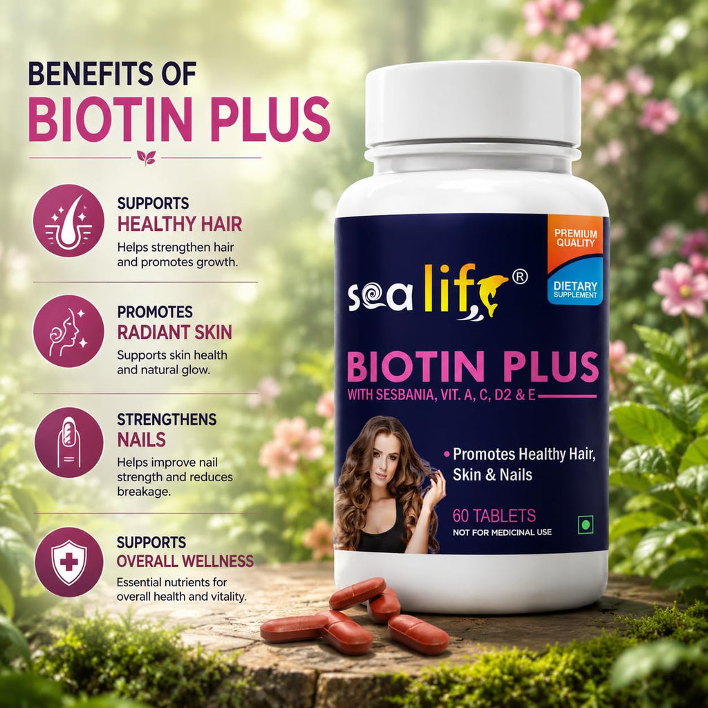 Sea Life Biotin Plus Tablets Prevent Hair Loss and Promotes Healthy Hair Growth | Glowing Skin And Longer Nails with Multivitamins & Sesbania Extract (60 Tablets Each) For Men and Women (Pack of-1)
