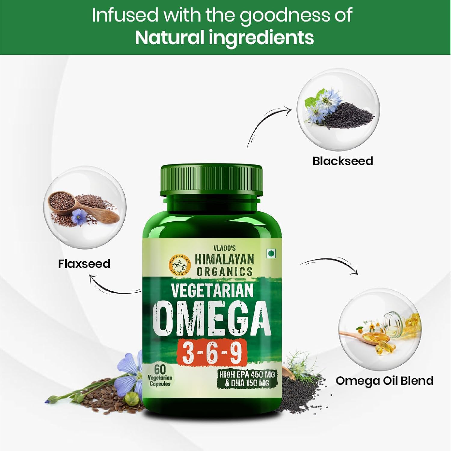 Vlado's Himalayan Organics Omega 3 6 9-2000mg/Serving I Vegetarian Omega 3 Supplement I Support Muscle,Bone,Heart & Skin - No Burps, No Fish Oil Used Capsules for Men & Women- 60 Capsules