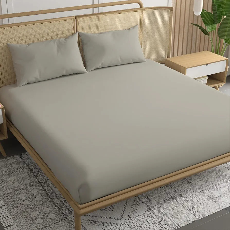 Trance Home Linen 300 TC Bamboo Fitted Queen Size Bedsheet Soft Breathable & Eco-Friendly Bedsheet with 2 Pillow Cover  Colour Silver Grey