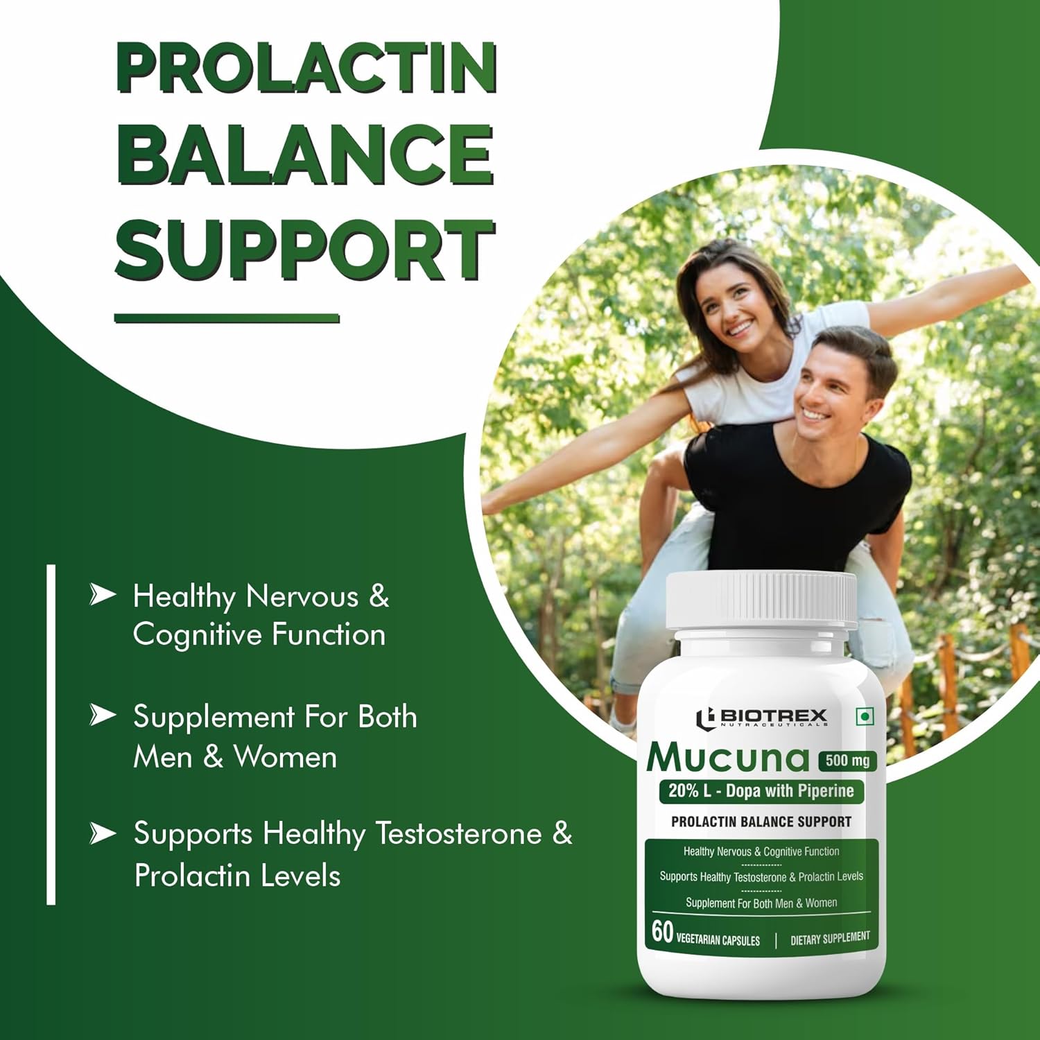 Biotrex Nutraceuticals Mucuna Pruriens (Kapikachhu) (20% L-Dopa) 500mg With Piperine 5mg | Vitality Booster, Motility & Nerve Function - 60 Veg Capsules