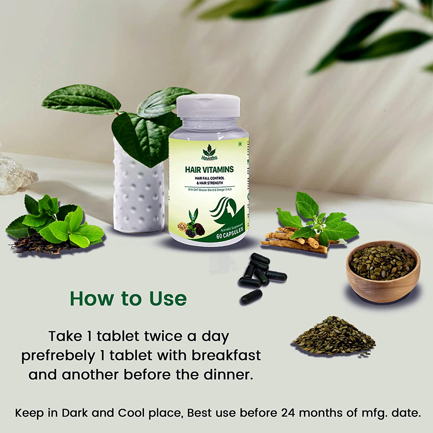 Havintha Natural Hair Shampoo With Amla, Reetha, Shikakai and Methi Dana (Advanced) 227gms And Plant Based Hair Vitamins Supplement with DHT Blocker - 60 Capsules