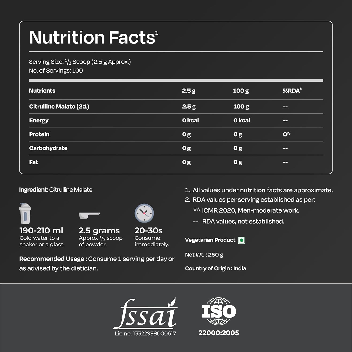 Nutrabay Pure 100% Citrulline Malate Powder 2500mg per Serving - Boosts Nitric Oxide, Pre Workout supplement for Men & Women for Faster Recovery, Endurance & Muscle Build Up - 250g Unflavoured