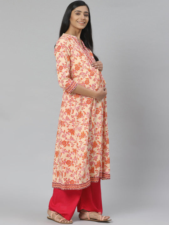 Anayna Women Cream-Coloured & Orange Printed Feeding Maternity A-Line Kurta