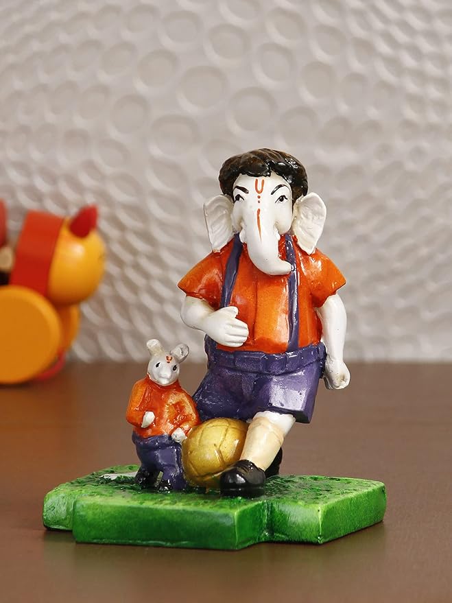 Ecraftindia Handcrafted Polyresin Lord Ganesha Idol Playing Football With Mushak Statue for Sports Enthusiasts and Ganesha Devotees