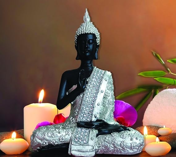 Ecraftindia Handcrafted Meditating Lord Buddha Polyresin Idol | Silver