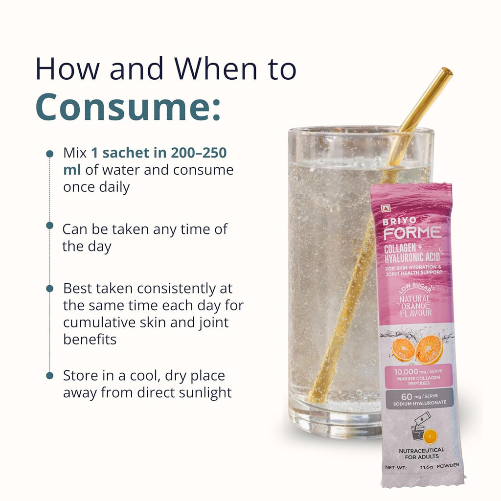 Briyo Forme Collagen + Hyaluronic Acid | 1 Sachet 10g Hydrolyzed Marine Collagen with 60mg Hyaluronic Acid | Orange Flavored Daily Drink Mix for Skin Hydration, Joint Support, Anti-Aging & Bone Strength | No Sugar