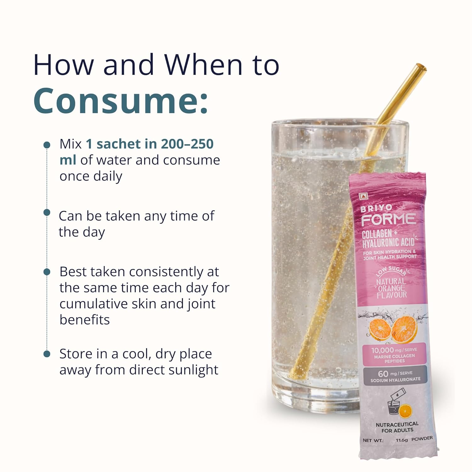 Briyo Forme Collagen + Hyaluronic Acid | 10g Hydrolyzed Marine Collagen with 60mg Hyaluronic Acid | Orange Flavored Daily Drink Mix for Skin Hydration, Joint Support, Anti-Aging & Bone Strength