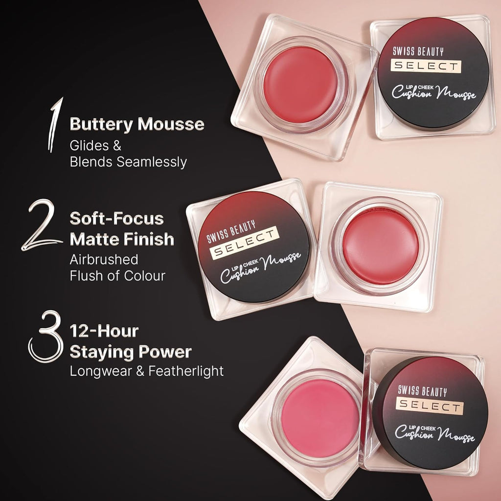 Swiss Beauty Select Lip And Cheek Cushion Creamy Mousse with Vitamin E | 12 Hours Stay | Shade- Elevate Pink, 4.5gm |