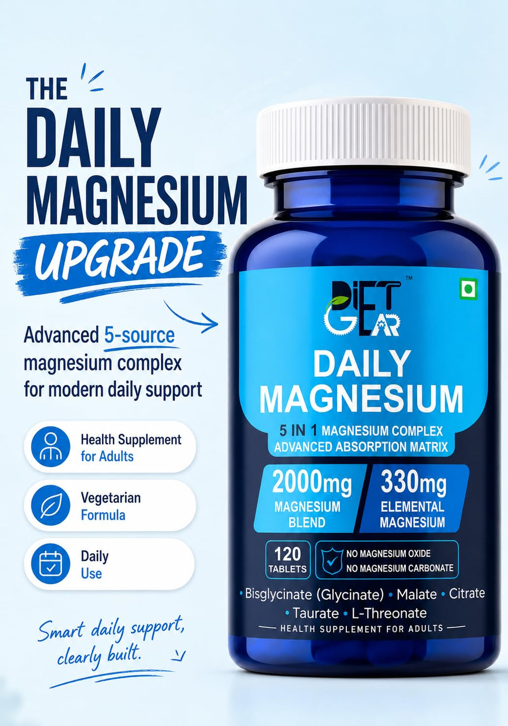 DIET GEAR 2000mg Magnesium Glycinate Complex 5 in 1, 330mg Elemental, 120 Tablets | Bisglycinate, Citrate, Malate, Taurate, L-Threonate, NO OXIDE, NO CARBONATE | Sleep, Muscle & Stress Magnesium Supplement