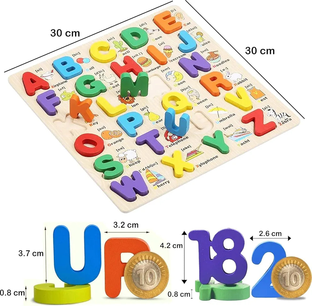 Wishkey 3D Wooden Capital Alphabet & Number Board Puzzles with Pictures,Set of 2 Montessori Educational Learning Letters Toy
