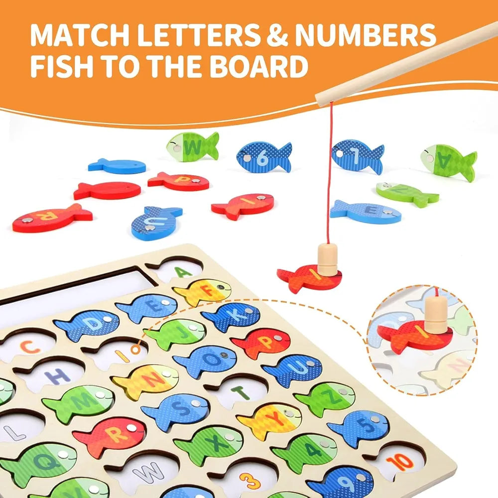 Lefan Wooden Magnetic Fishing Game for Toddlers, Montessori Fine Motor Skills Toy with Letters and Numbers, Preschool Learning ABC and Puzzle Birthday Toys Gift for 3 4 5 6 7 8+ Year Old Kids
