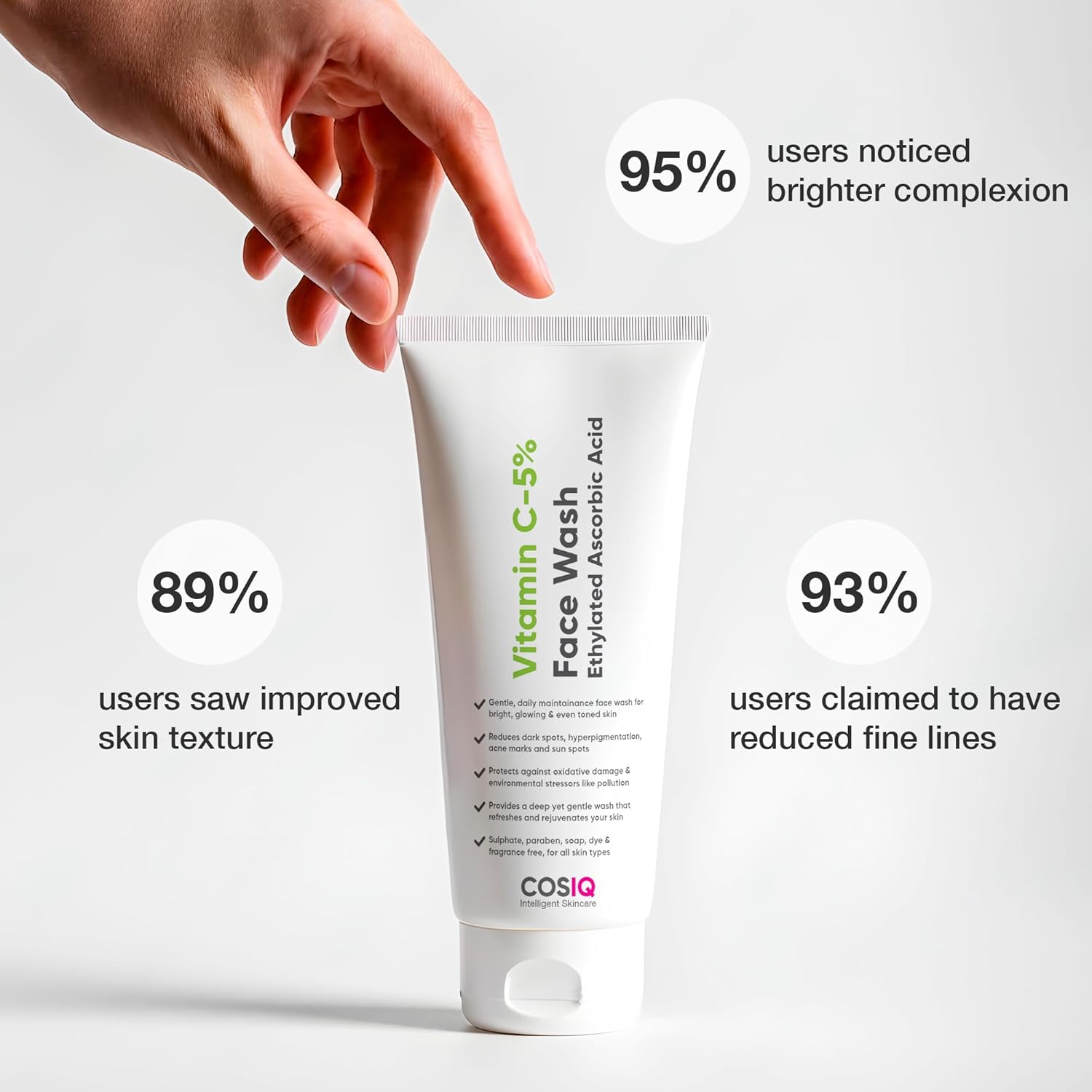 Cos-IQ 5% Vitamin C Face Wash for For Glowing & Brightening Skin | All Skin Types | Fight Dark Spots, Acne & Pimples, Brighten Skin, Clears Dirt & Oil Control| Multi-Action Formula| Women & Men| 100ml
