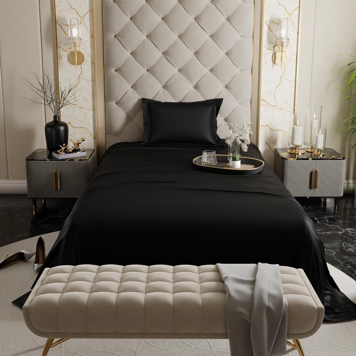 Stoa Paris Satin Bedsheets for Single Bed 300TC Premium Bedsheet with 1 Pillow Cover Colour Midnight Black