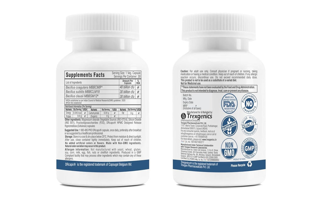 Trexgenics IBD-IBS PRO Digestive Health Delayed Release Gastric Protection Probiotics Bacillus coagulans, subtilis & clausii 100 Billion CFU (30 Veg Capsules)