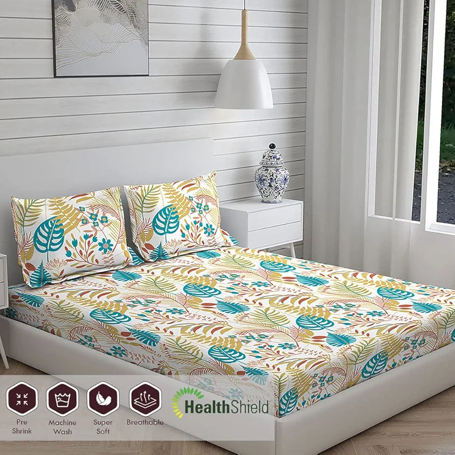 Layers 225 TC Toughened Cotton Bedsheet for Double Bed with 2 Pillow Covers Bed Sheet Double Yellow-Blue