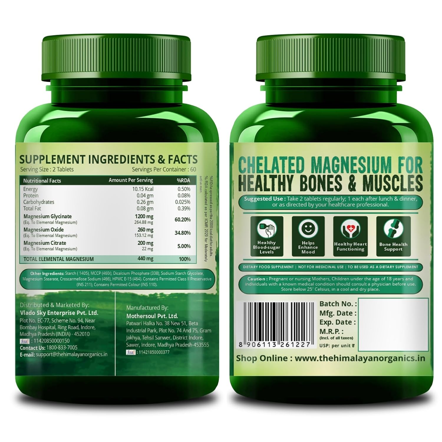 Vladoâ€™s Himalayan Organics Magnesium Citrate + Glycinate + Oxide Complex 1660 mg - Triple Magnesium Complex Supplement For Men And Women | Boost Heart, Nerve & Muscle Health | Good For Strong Bones | Clinically Proven - 120 Vegetarian Tablets